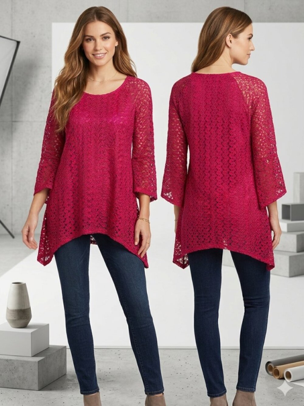 New Directions size medium Lace Crochet overlay tunic top/blouse New without tag
